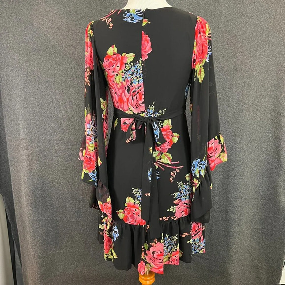 Y2K Betsey Johnson Iconic Bambi Kimono Sleeve Ruffle Dress Black Pink Roses Vint - Picture 3 of 7